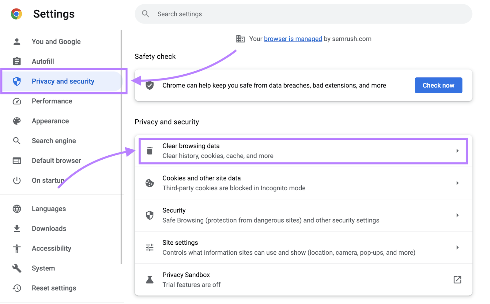 “Clear browsing data” in Settings