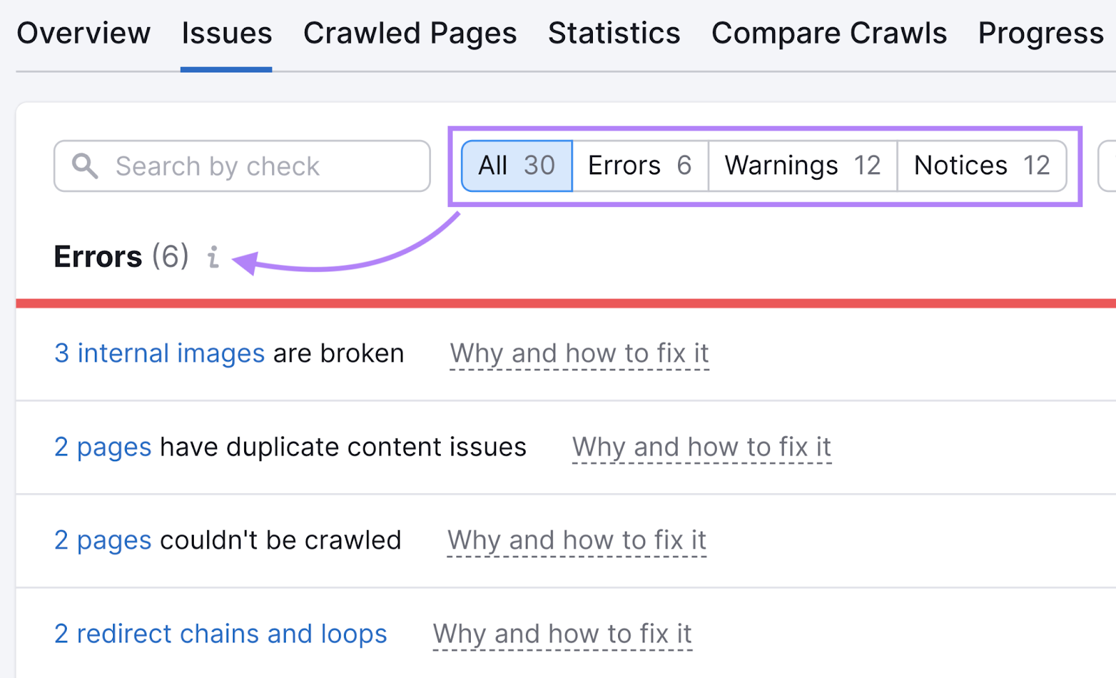 âErrorsâ page in the Site Audit tool