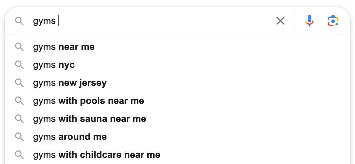 Google's suggestion when typing "gyms " into the search bar