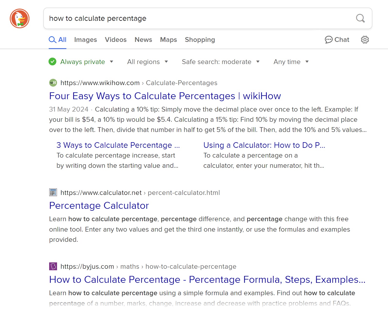DuckDuckGo SERP for "how to calculate percentage"