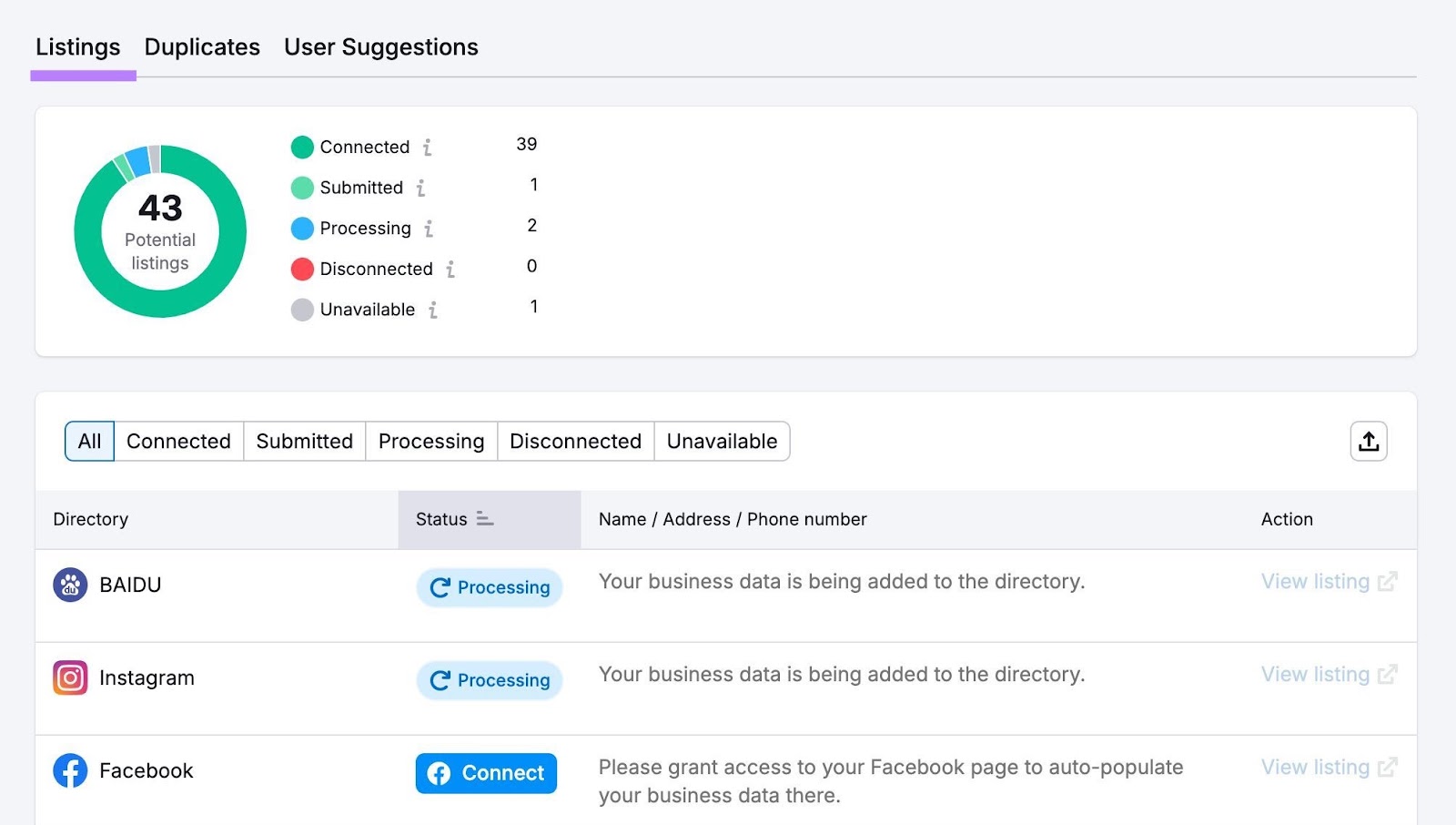 "Listings" on Listing Management showing a list of directories where a business can submit their name, address, and phone number.